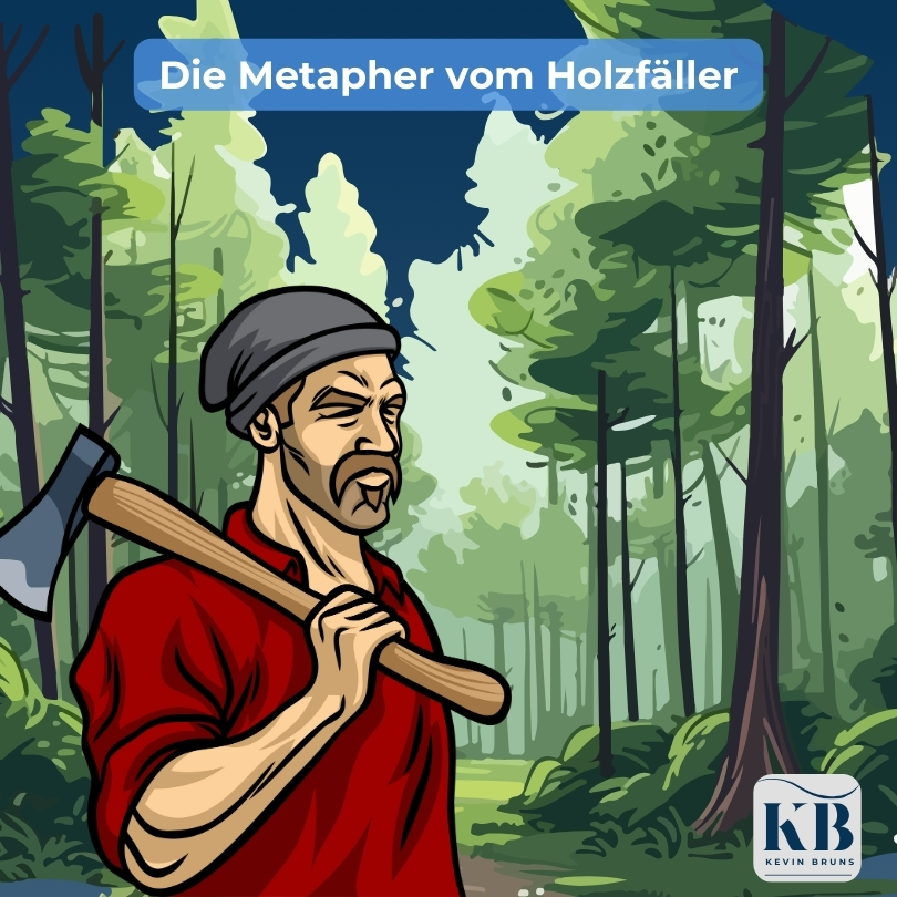 Illustration eines Holzfällers mit einer Axt in einem dichten Wald, ergänzt die Metapher des Holzfällers