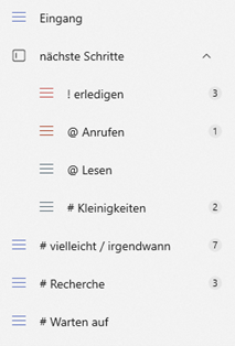 Eine Listenansicht in Microsoft ToDo mit verschiedenen Kategorien und Aufgabenanzahlen.