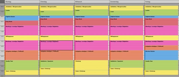 Eine farblich codierte Wochenübersicht mit geplanten Aktivitäten und Zeitblöcken.