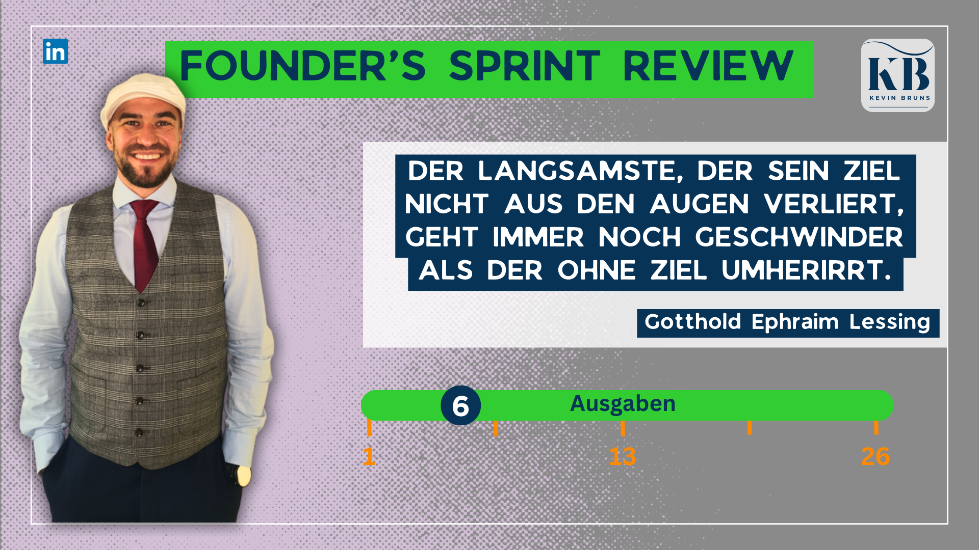 06_Cover Ausgabe 6 – Zitat Lessing Coverbild zur siebten Newsletter-Ausgabe von Kevin Bruns mit dem Zitat von Gotthold Ephraim Lessing: Der Langsamste, der sein Ziel nicht aus den Augen verliert, geht immer noch geschwinder als der ohne Ziel.