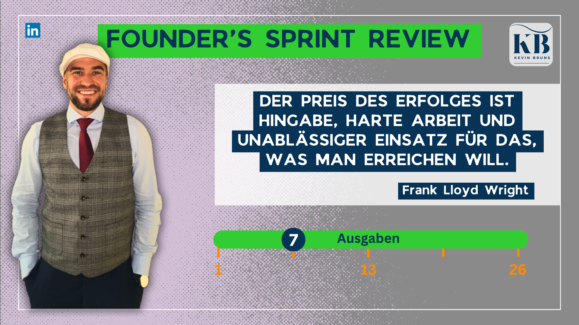 Coverbild zur achten Newsletter-Ausgabe von Kevin Bruns mit dem Zitat von Frank Lloyd Wright: Der Preis des Erfolges ist Hingabe, harte Arbeit und unablässiger Einsatz.