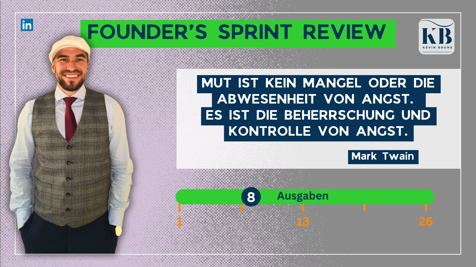 08_Cover Ausgabe 8 – Zitat Mark Twain (Mut) Coverbild zur neunten Newsletter-Ausgabe von Kevin Bruns mit dem Zitat: Mut ist kein Mangel an Angst, sondern Kontrolle darüber. Zitat von Mark Twain.